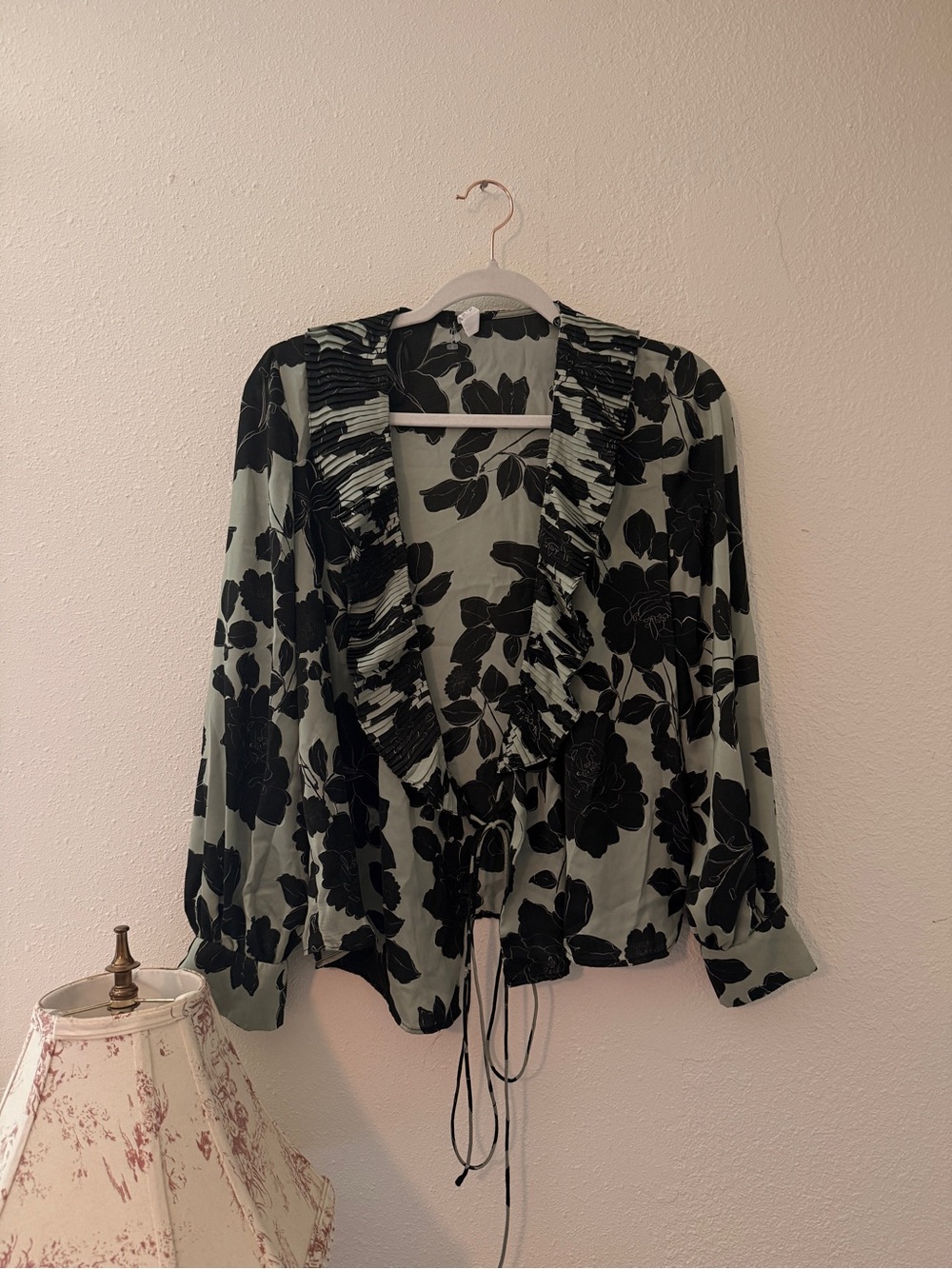 Mango Black Floral Ruffle Tie-Front Blouse on Light Sage